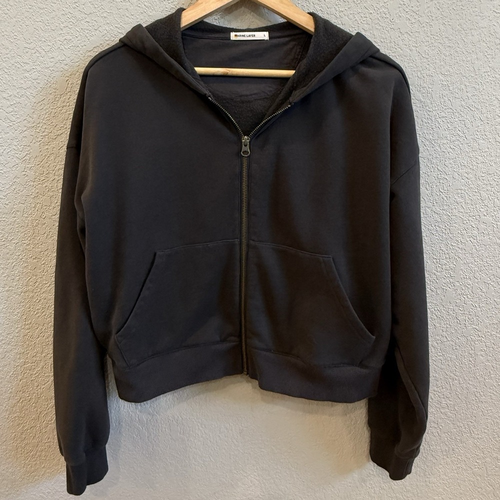 Marine Layer Anytime Cropped Full Zip Sweatshirt Hoodie Washed Black Large
